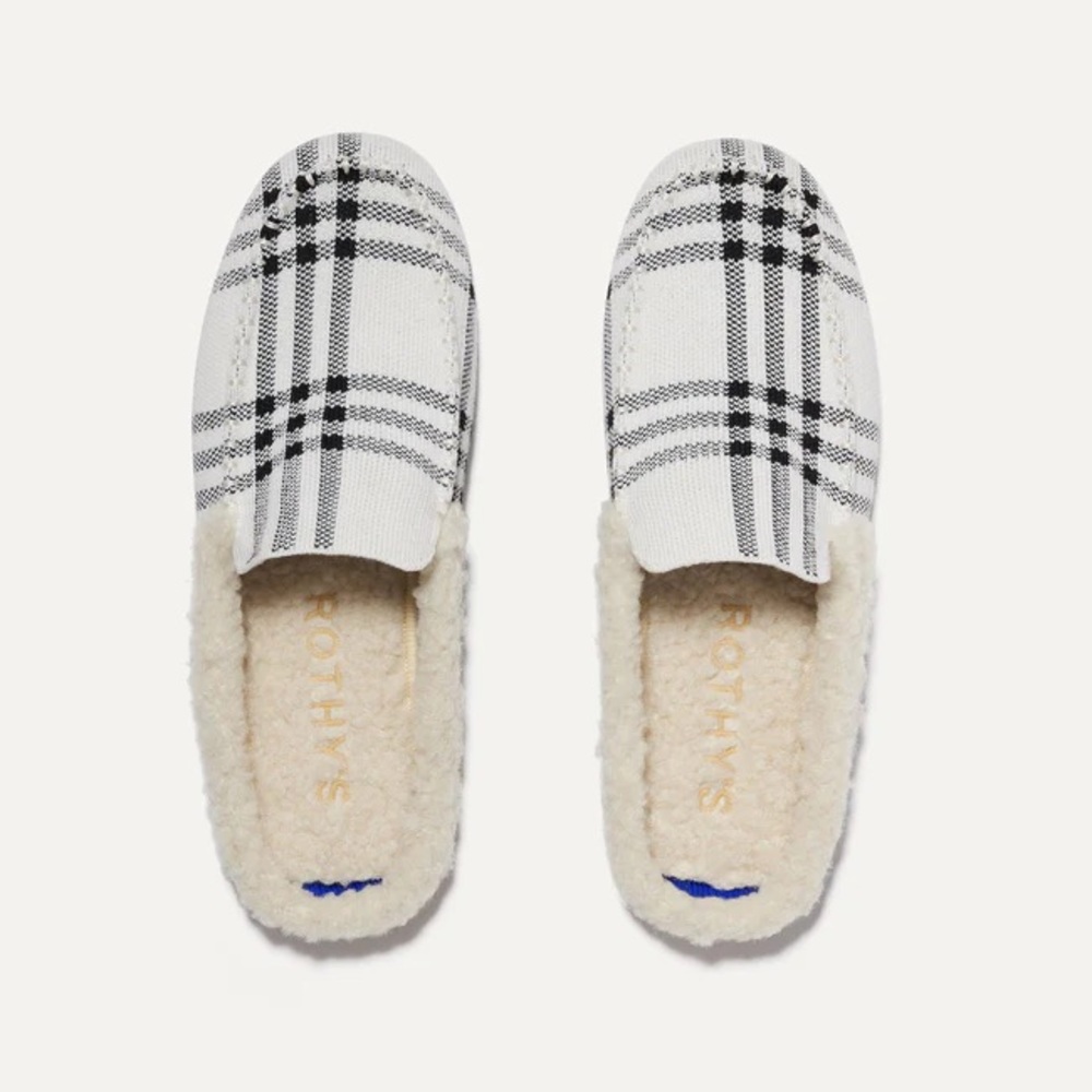 Rothy’s rothys cozy plaid white black slippers Merino wool winter warm soft 6